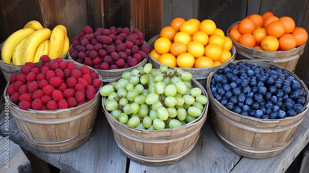 A variety of fresh fruits in wooden baskets, including bananas, raspberries, oranges, grapes, and blueberries, arranged on a wooden table. A variety of fresh fruits in wooden baskets, including bananas, raspberries, oranges, grapes, and blueberries, arranged on a wooden table.