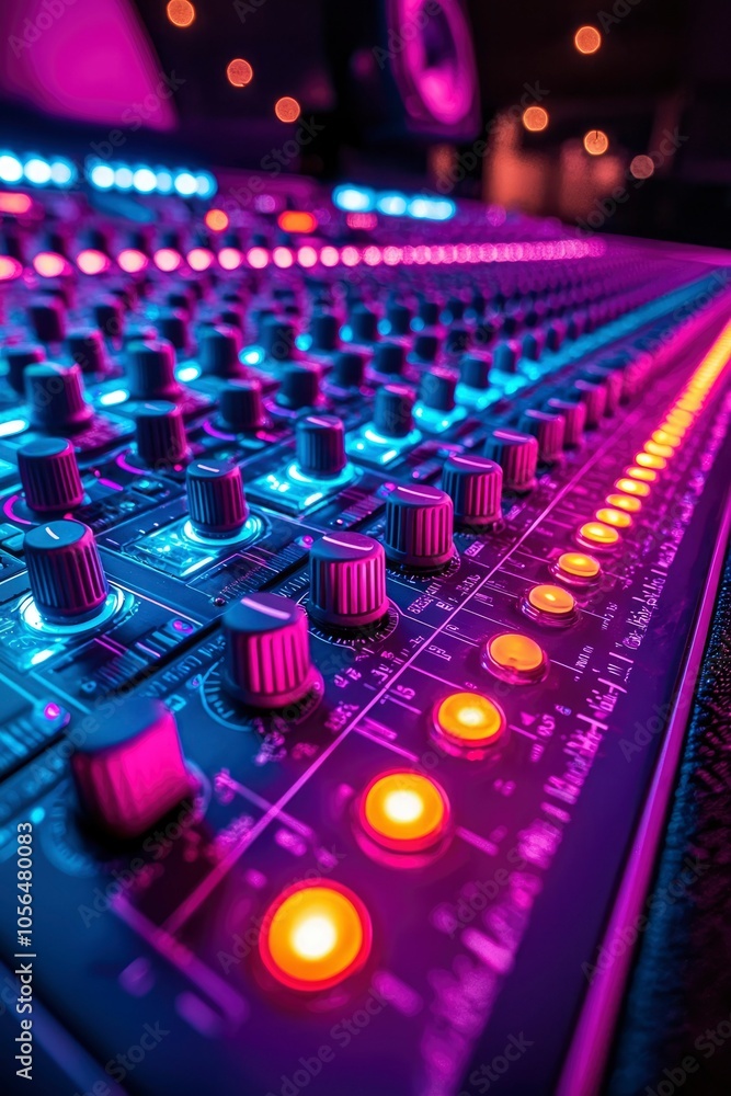 Fototapeta premium Close-up of a Sound Mixing Console with Illuminated Buttons and Knobs