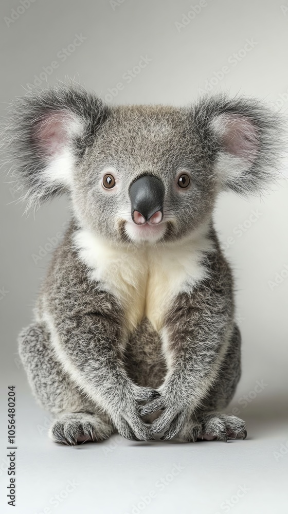 Obraz premium A cute koala bear sitting on a white background, looking directly at the camera with a curious expression.