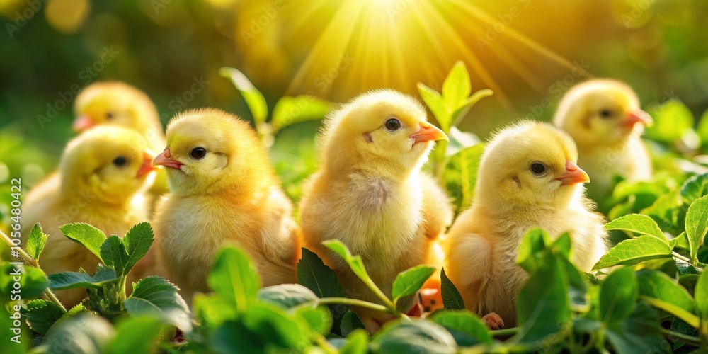 Five Little Chicks Bask in the Golden Sunlight Amongst Lush Green Foliage Five Little Chicks Bask in the Golden Sunlight Amongst Lush Green Foliage