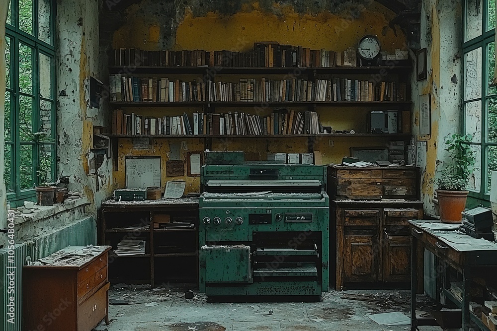 Abandoned Room with Bookshelves, Machine, and Old Furniture Abandoned Room with Bookshelves, Machine, and Old Furniture