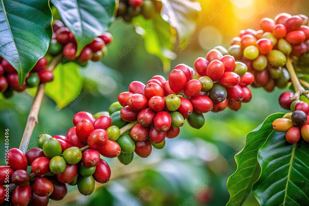 Coffee bean pods hanging from a tree branch, organic, nature, green, pod Coffee bean pods hanging from a tree branch, organic, nature, green, pod
