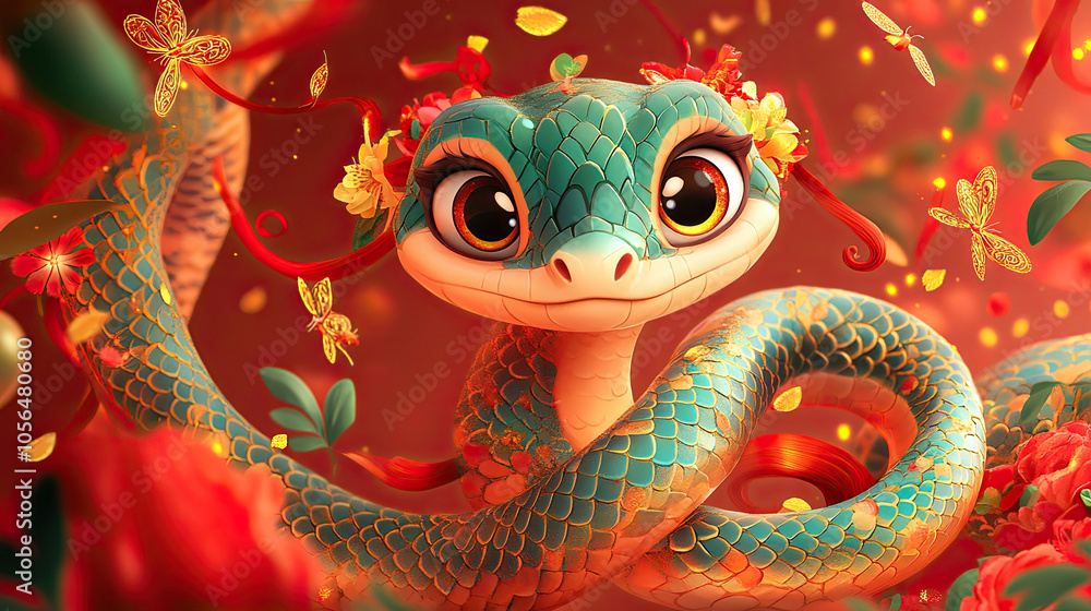 Cute little snake, red background, Chinese New Year Cute little snake, red background, Chinese New Year