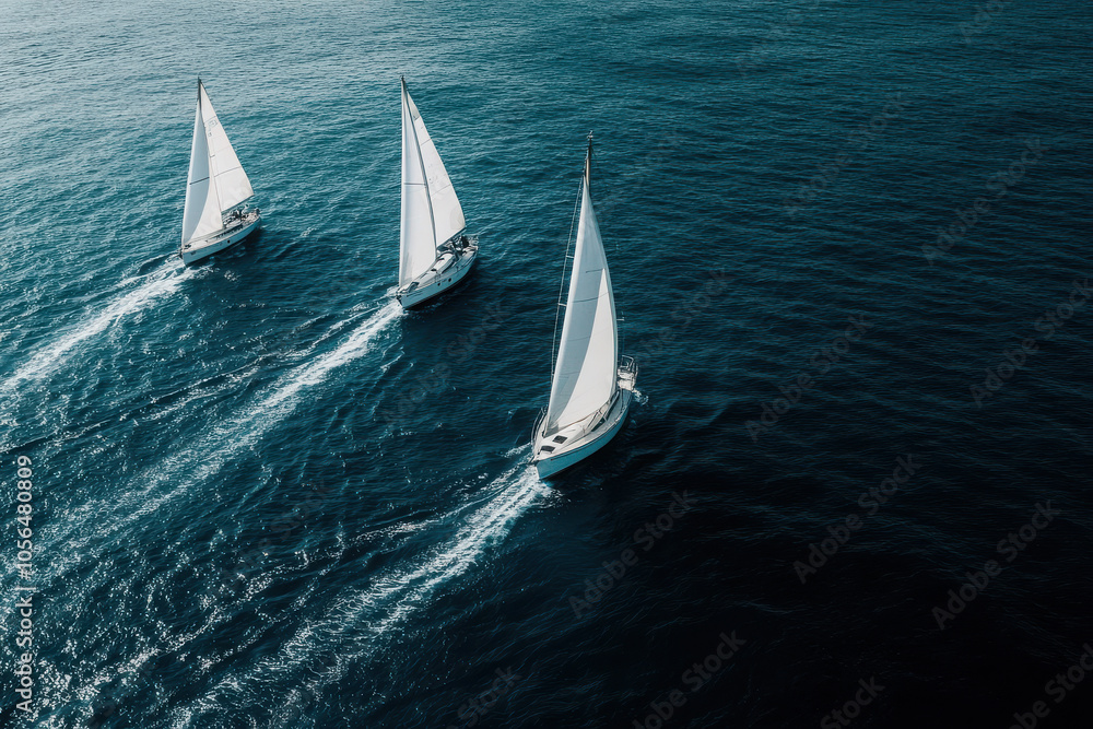 Fototapeta premium Three sailboats glide through deep blue waters, showcasing leisure and adventure on the sea.