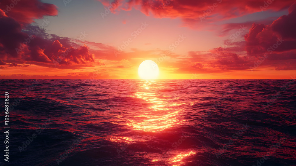 Ocean Sunset with Red Sky and Clouds - Realistic Image Ocean Sunset with Red Sky and Clouds - Realistic Image