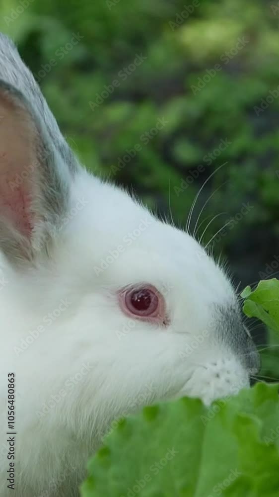 A white rabbit nibbles lettuce in a serene green field A white rabbit nibbles lettuce in a serene green field