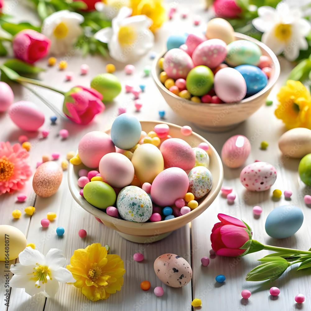 Obraz premium easter eggs with candies and flowers scattered
