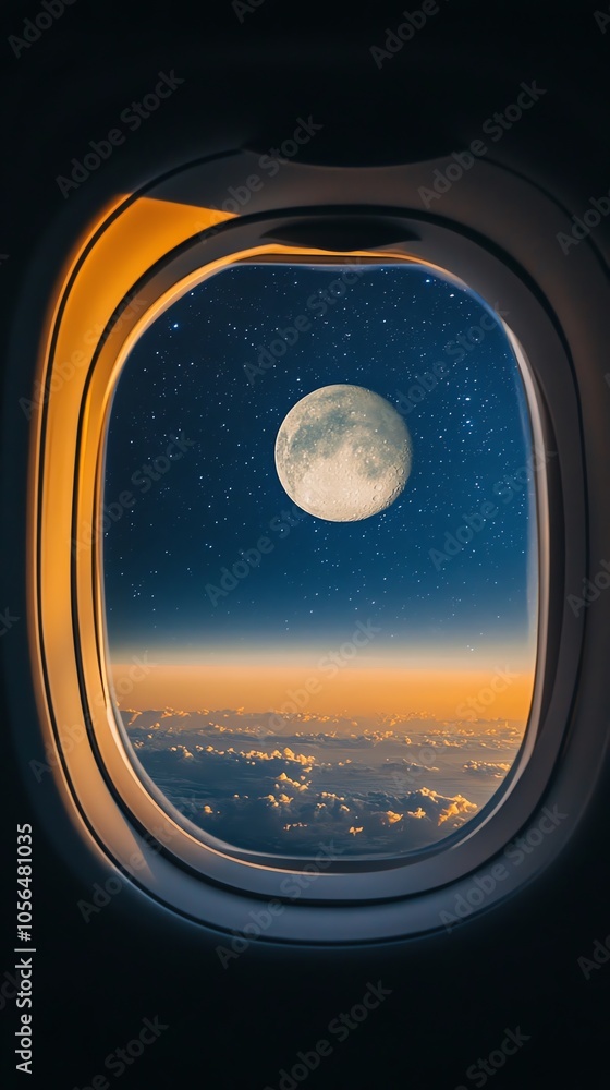 A full moon hangs high in the night sky, seen through an airplane window. The clouds below are bathed in an orange glow from the setting sun. A full moon hangs high in the night sky, seen through an airplane window. The clouds below are bathed in an orange glow from the setting sun.
