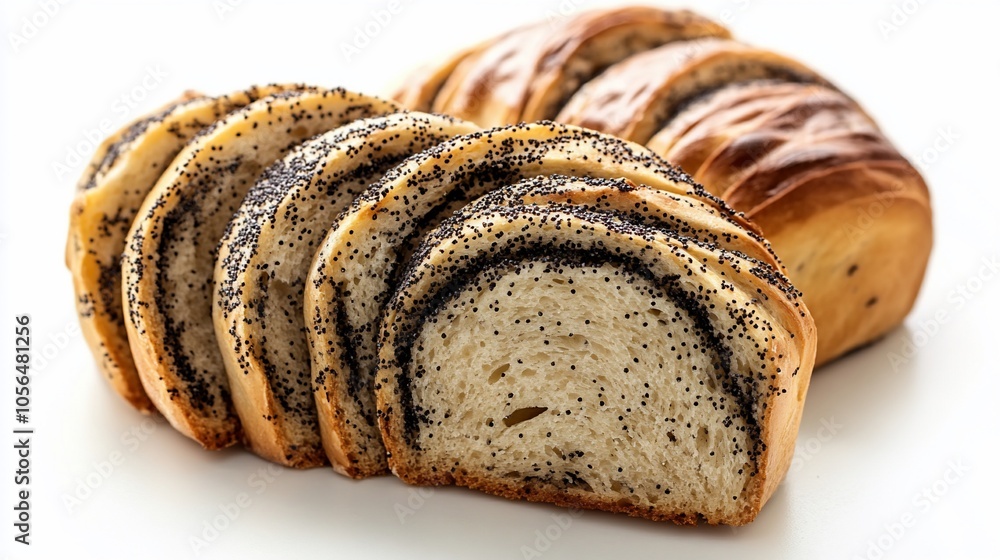 A loaf of poppy seed bread sliced and arranged on a white background. A loaf of poppy seed bread sliced and arranged on a white background.