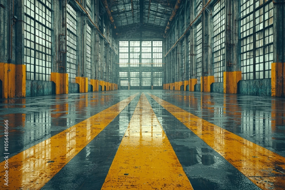 Wet Factory Floor with Yellow Stripes and Large Windows Wet Factory Floor with Yellow Stripes and Large Windows