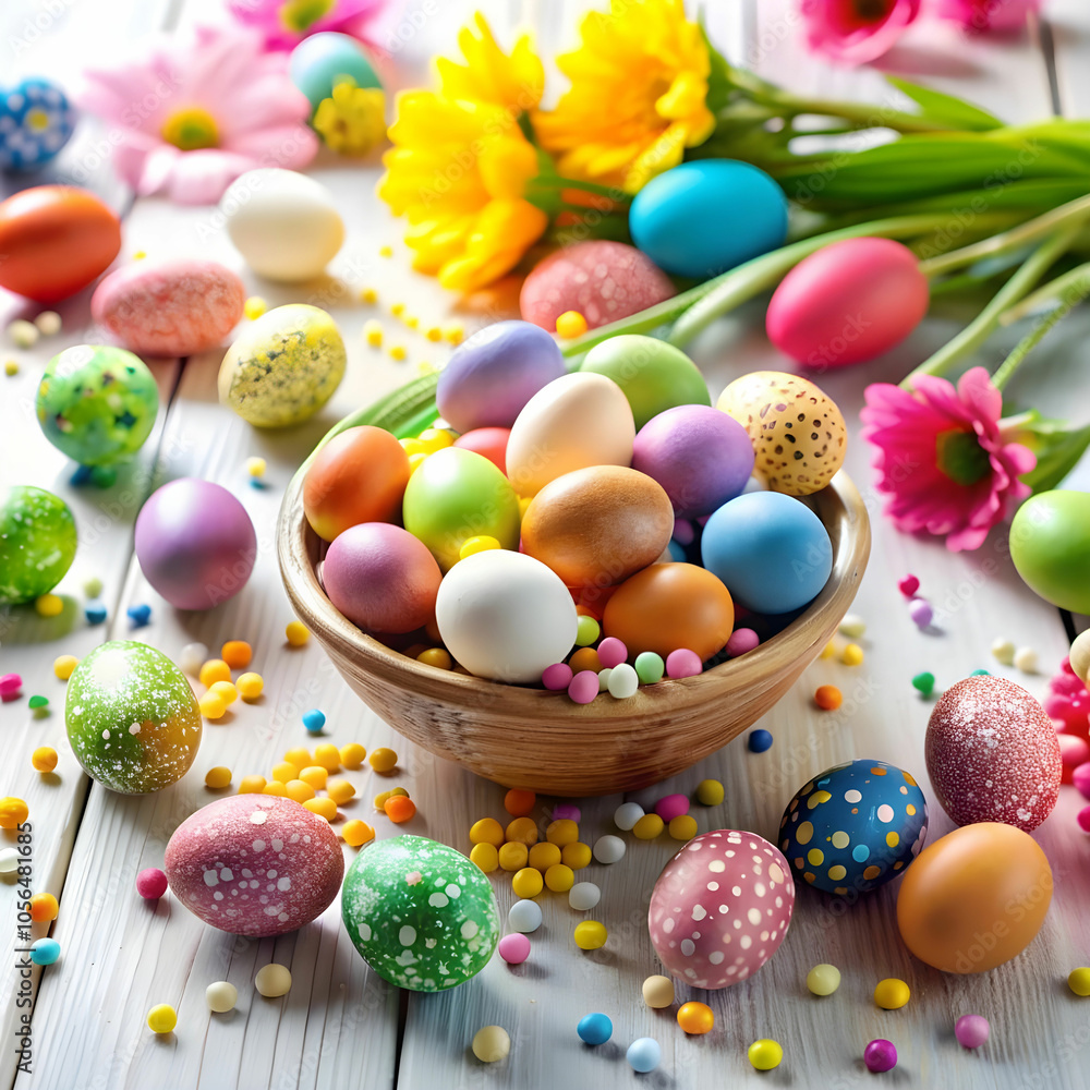 easter eggs with candies and flowers scattered easter eggs with candies and flowers scattered