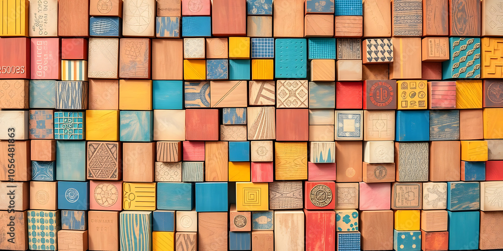 A colorful wall made of wood blocks A colorful wall made of wood blocks