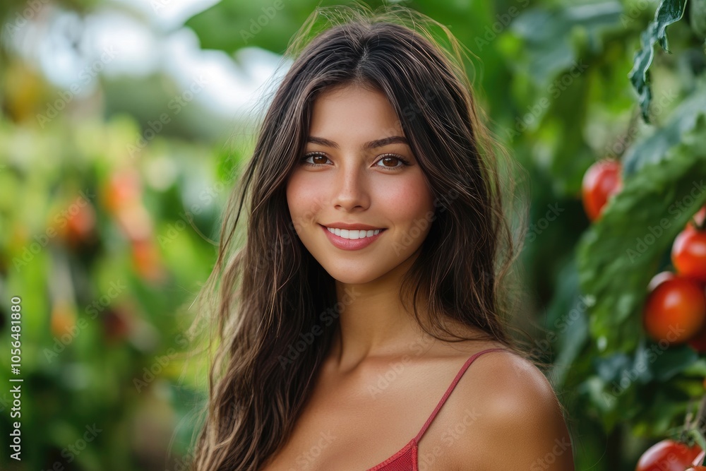 Young Woman in a Lush Tomato Garden Smiling Under the Sun Young Woman in a Lush Tomato Garden Smiling Under the Sun