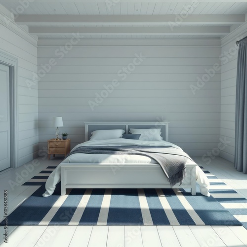 A spacious bedroom with a white bed blue and white striped rug white shiplap walls and a side table with a lamp master bedroom Ultra realistic 