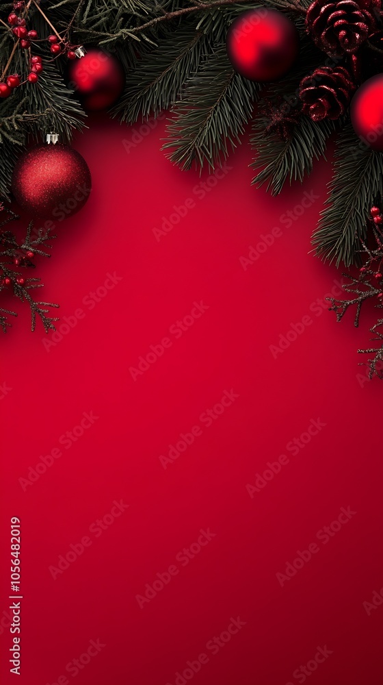 Festive Red Christmas Background with Pine Branches and Baubles for Cheerful Celebrations : Generative AI Festive Red Christmas Background with Pine Branches and Baubles for Cheerful Celebrations : Generative AI