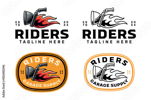 vehicle motorbike vat with fire colorful logo design set for garage, automotive, motorcycle club motorcycle tank with flame illustration outline badge logo template for rider, racing sport