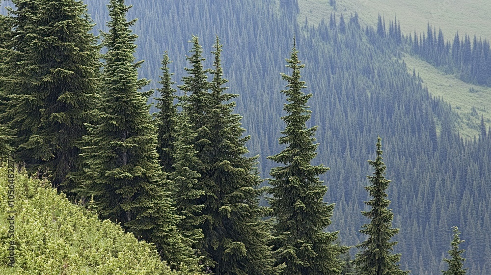 A serene view of evergreen trees on a hillside amidst a lush mountainous landscape. A serene view of evergreen trees on a hillside amidst a lush mountainous landscape.