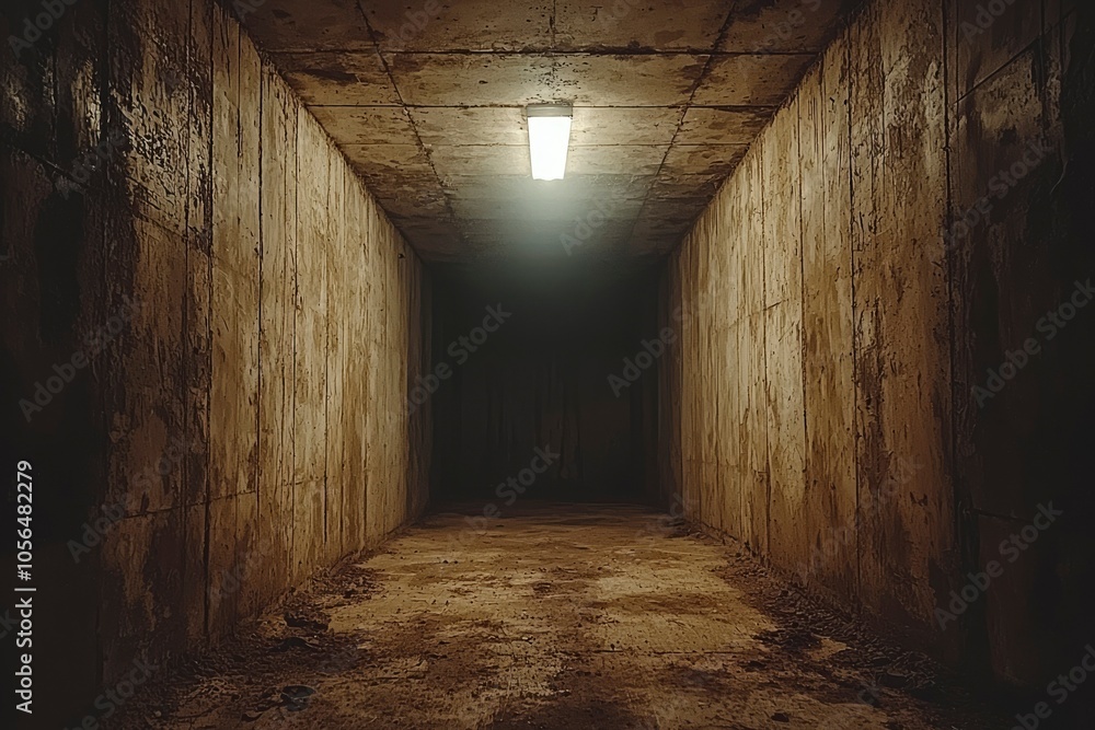 A Single Light Illuminating a Dark Concrete Corridor A Single Light Illuminating a Dark Concrete Corridor