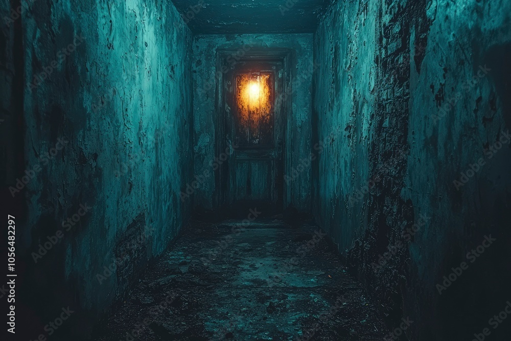 Obraz premium A Glowing Doorway in a Dark and Decaying Hallway