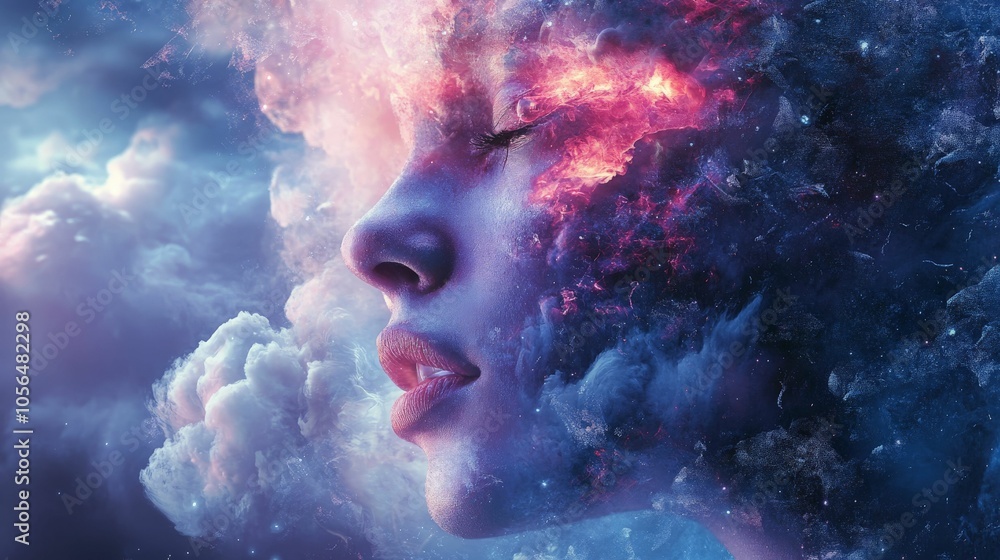 Abstract digital art depicting a woman's face emerging from swirling clouds of color. Abstract digital art depicting a woman's face emerging from swirling clouds of color.