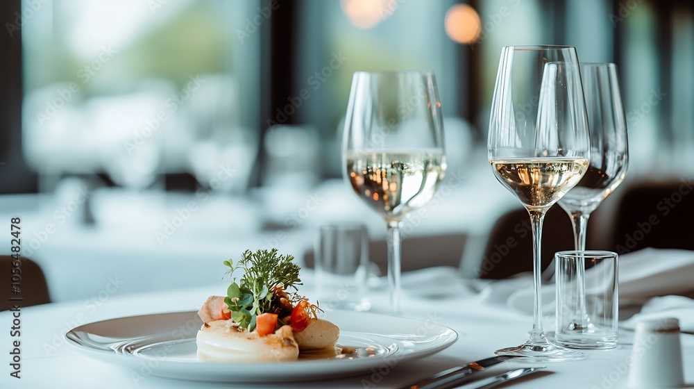 Gourmet Seafood Dish with White Wine in Refined Restaurant Setting : Generative AI Gourmet Seafood Dish with White Wine in Refined Restaurant Setting : Generative AI