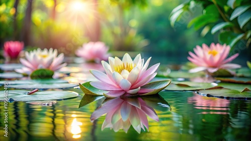 Wallpaper Mural Delicate water lily flowers floating on a serene lake surrounded by lush greenery and vibrant floral patterns, water lilies, foliage, serenity, nature, gardens Torontodigital.ca