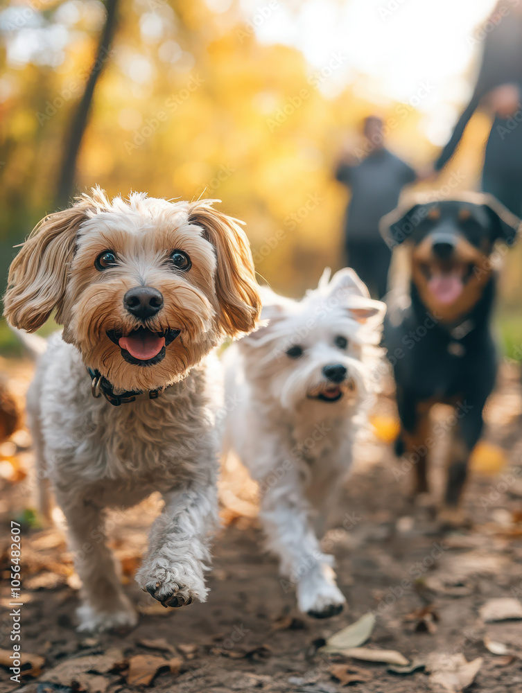 Three happy dogs running along a path in a sunlit, autumn park. Three happy dogs running along a path in a sunlit, autumn park.