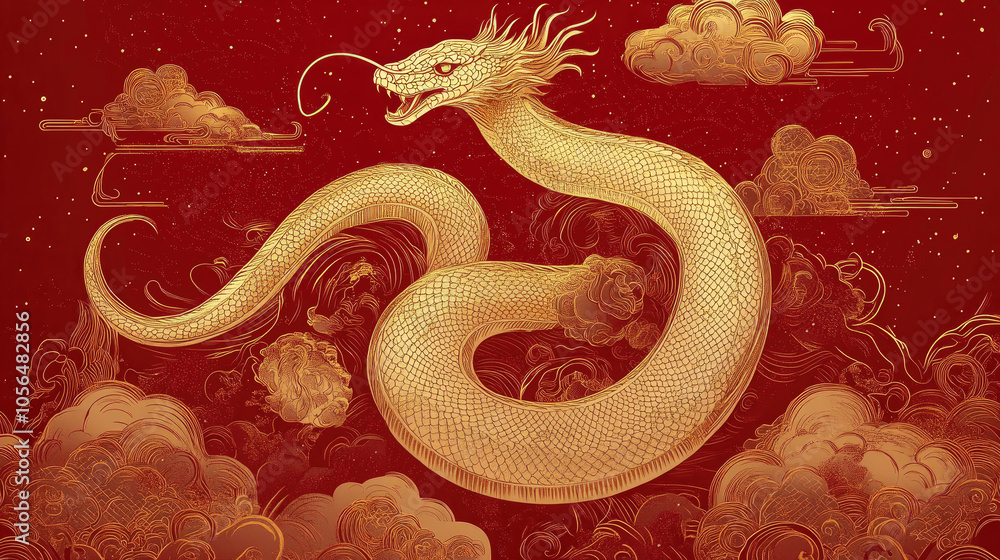 Fototapeta premium Snakes weaving through clouds, red lanterns, Chinese New Year