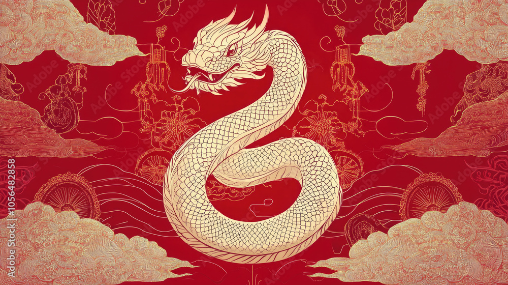 Fototapeta premium Snakes weaving through clouds, red lanterns, Chinese New Year