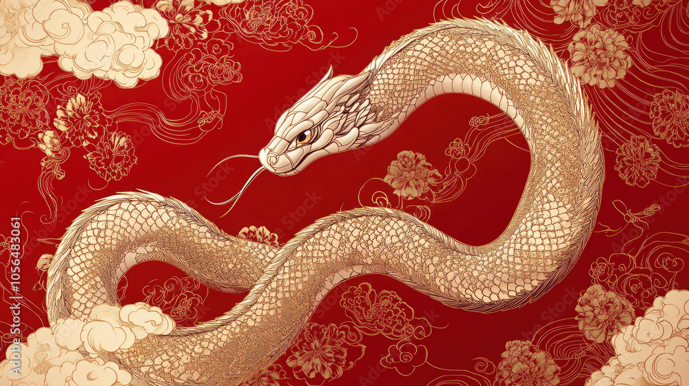 Obraz premium Snakes weaving through clouds, red lanterns, Chinese New Year