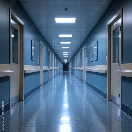 Empty hospital corridor with blue walls and fluorescent lighting