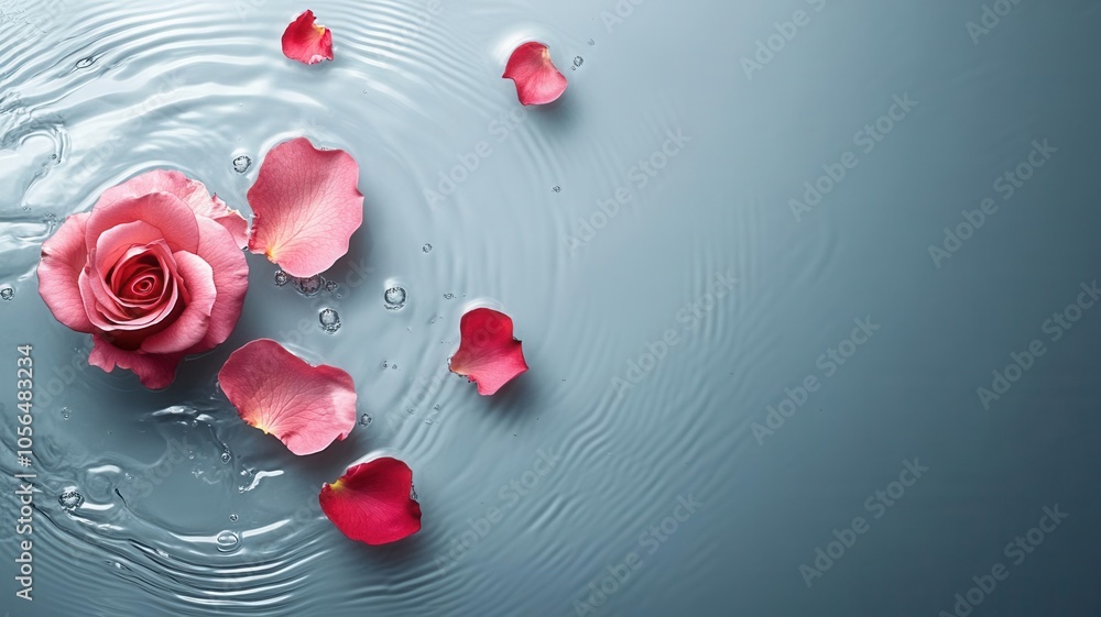 Elegant pink rose floating on serene water surface with scattered petals, creating a calming and peaceful floral composition. Elegant pink rose floating on serene water surface with scattered petals, creating a calming and peaceful floral composition.