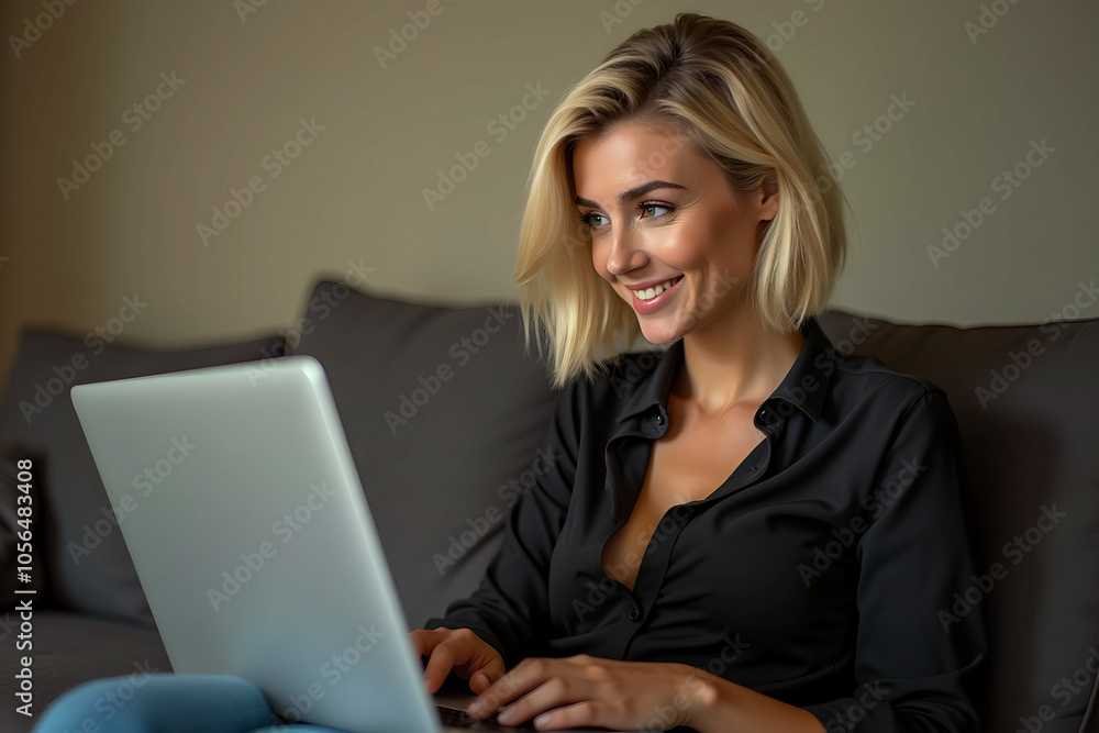 woman working on laptop sitting on a sofa woman working on laptop sitting on a sofa
