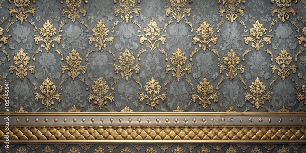 Gold Embellished Gray Wallpaper with a Decorative Border - A Royal Look Gold Embellished Gray Wallpaper with a Decorative Border - A Royal Look
