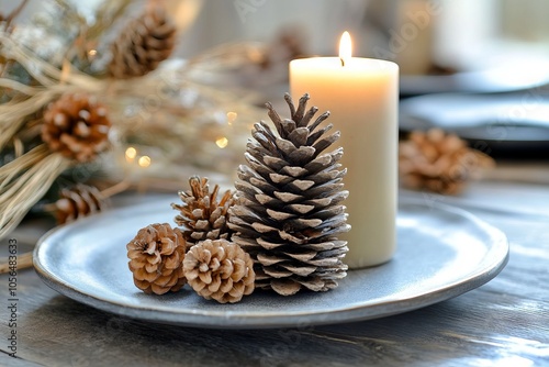 Simple Thanksgiving table with a few natural elements like pine cones and a candle. photo