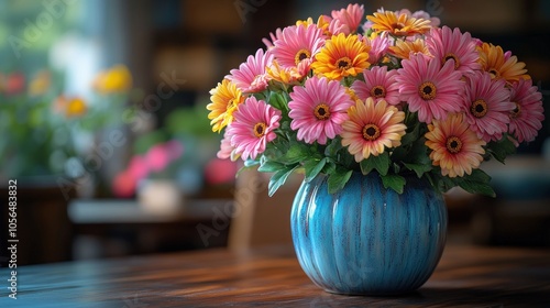 Wallpaper Mural A vibrant bouquet of pink and yellow flowers in a blue vase. Torontodigital.ca