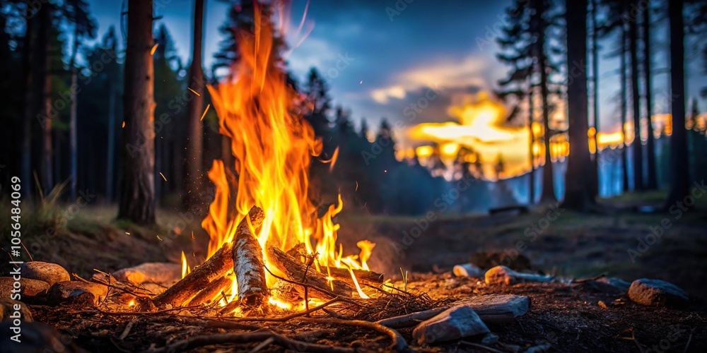 Fire crackling in the foreground with a dark forest in the background, woods on fire, fire burning bright Fire crackling in the foreground with a dark forest in the background, woods on fire, fire burning bright