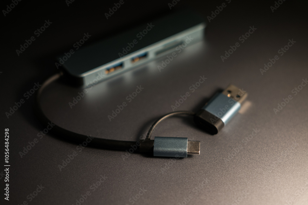 USB-C hub in gray, featuring multiple USB ports and card reader slots, with attached USB-C and USB-A connectors, resting on a dark metallic surface. Compact connectivity solution. USB-C hub in gray, featuring multiple USB ports and card reader slots, with attached USB-C and USB-A connectors, resting on a dark metallic surface. Compact connectivity solution.