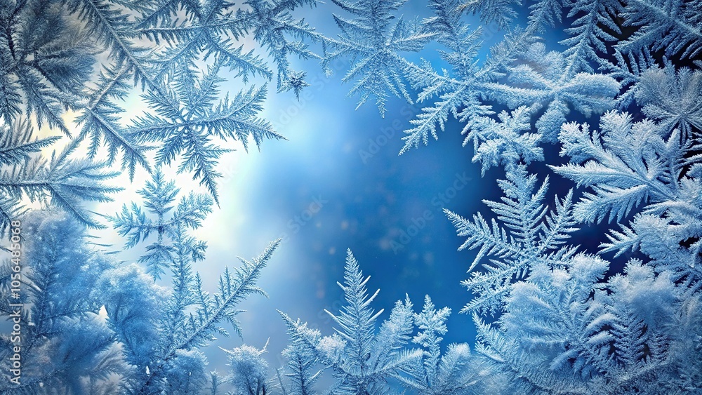 Frosty windowpane with intricate ice crystals and snowflakes, frosty mirror, winter scene, frozen landscape Frosty windowpane with intricate ice crystals and snowflakes, frosty mirror, winter scene, frozen landscape