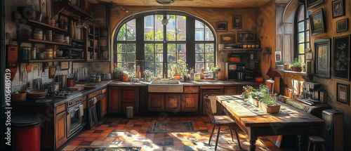 Rustic Kitchen with Arched Window