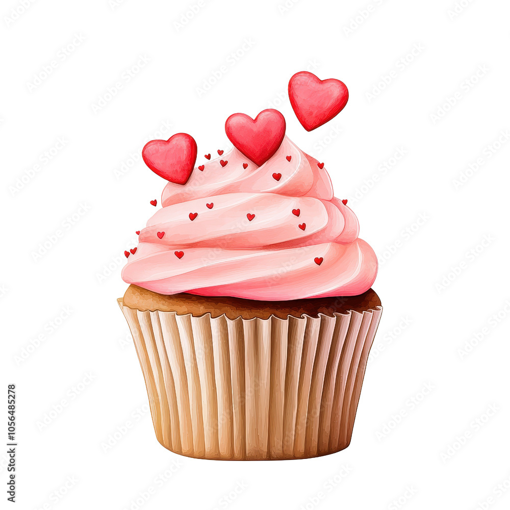 Valentine's Day cupcake with pink frosting and heart-shaped candy Valentine's Day cupcake with pink frosting and heart-shaped candy