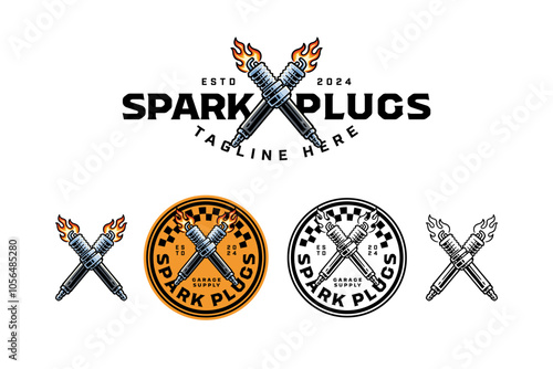 sparking plug with fire crossed colorful and outline logo design set for garage, automotive, motorcycle club vehicle spark plug with flame illustration badge logo template for rider, racing sport