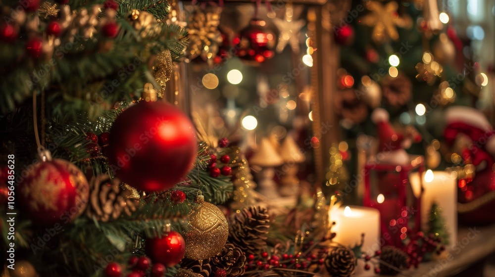 A Christmas tree with many ornaments, including a red ball and a star. The tree is lit up with candles and the overall mood is festive and joyful A Christmas tree with many ornaments, including a red ball and a star. The tree is lit up with candles and the overall mood is festive and joyful