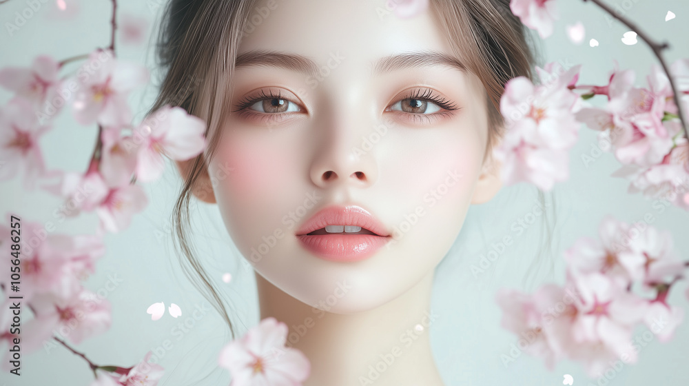 美肌の若くて可愛いアジア人女性の美容ポートレート。ピンク色の綺麗な桜に囲まれたビューティーショット。 美肌の若くて可愛いアジア人女性の美容ポートレート。ピンク色の綺麗な桜に囲まれたビューティーショット。