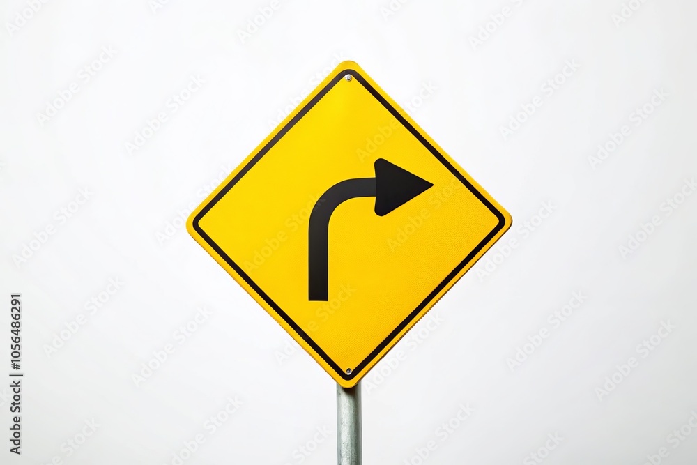 A minimalist yellow diamond-shaped curve sign against a white background, emphasizing safety and transportation themes for clear road guidance and alerting drivers to potential hazards. A minimalist yellow diamond-shaped curve sign against a white background, emphasizing safety and transportation themes for clear road guidance and alerting drivers to potential hazards.