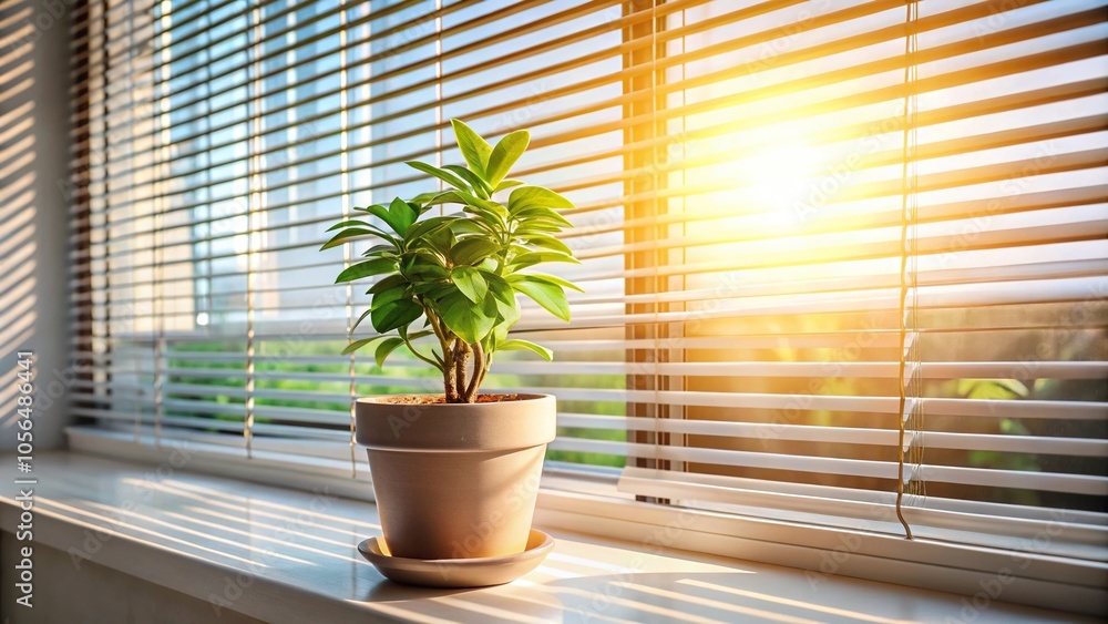 Fototapeta premium House plant on a windowsill with sunlight peeking through the blinds, nature, interior design, sunlight, indoor lighting, plants