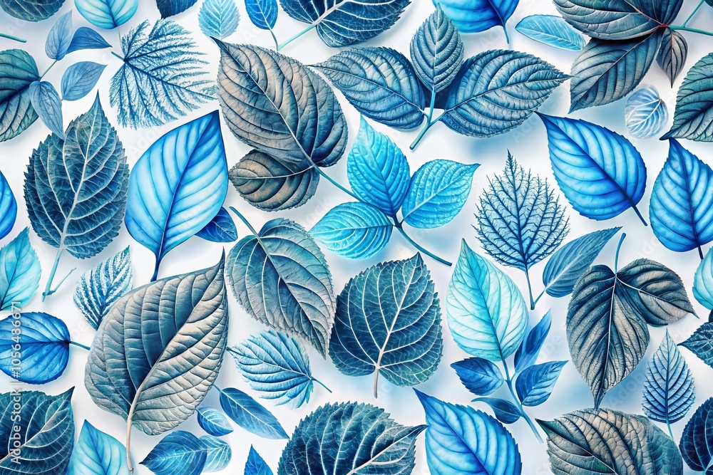 A seamless botanical design featuring blue-toned leaves in a watercolor effect. Nature-inspired with varying shades of blue and gray, perfect for artistic backgrounds and decor. A seamless botanical design featuring blue-toned leaves in a watercolor effect. Nature-inspired with varying shades of blue and gray, perfect for artistic backgrounds and decor.