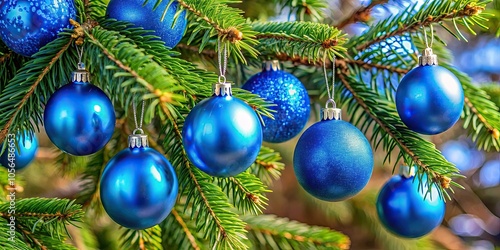 Vibrant blue Christmas balls embellish spruce branches, celebrating 2020's Color of the Year, bringing a touch of sophistication and tranquility to holiday decor.