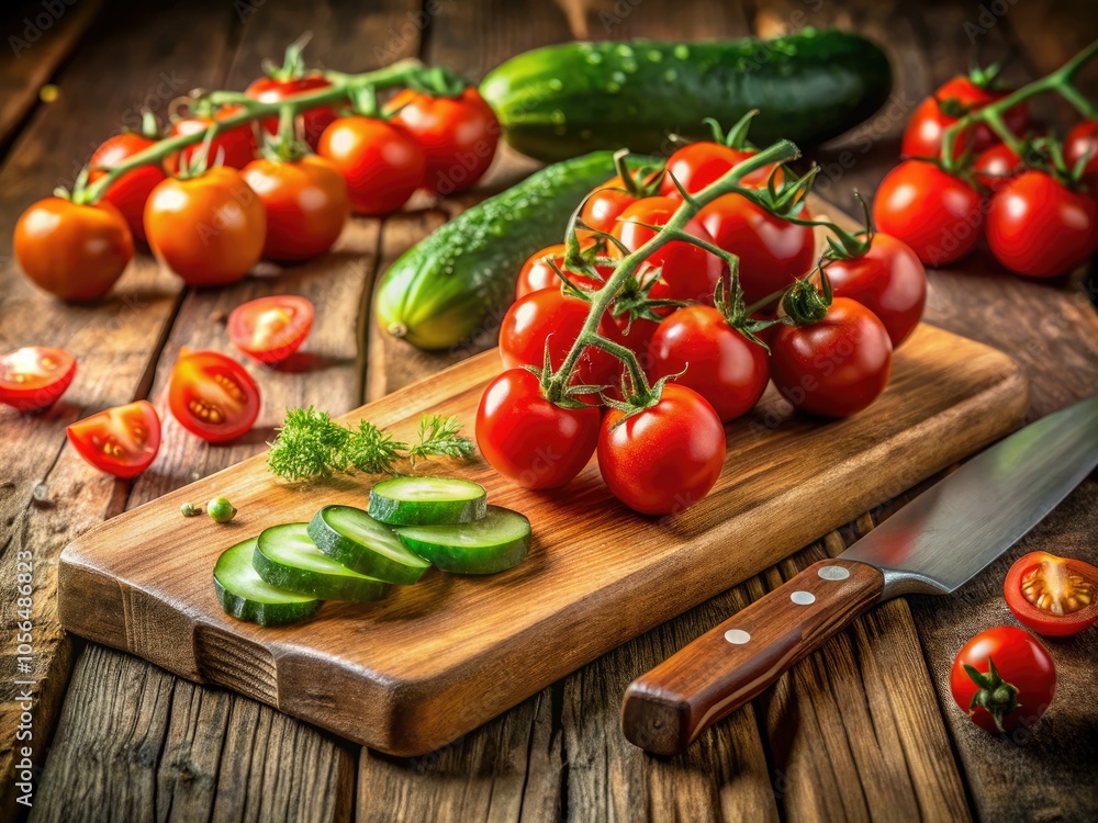 Vibrant cherry tomatoes and crisp cucumbers are being sliced on a rustic wooden cutting board, filling the kitchen with fresh, inviting aromas and colors. Vibrant cherry tomatoes and crisp cucumbers are being sliced on a rustic wooden cutting board, filling the kitchen with fresh, inviting aromas and colors.