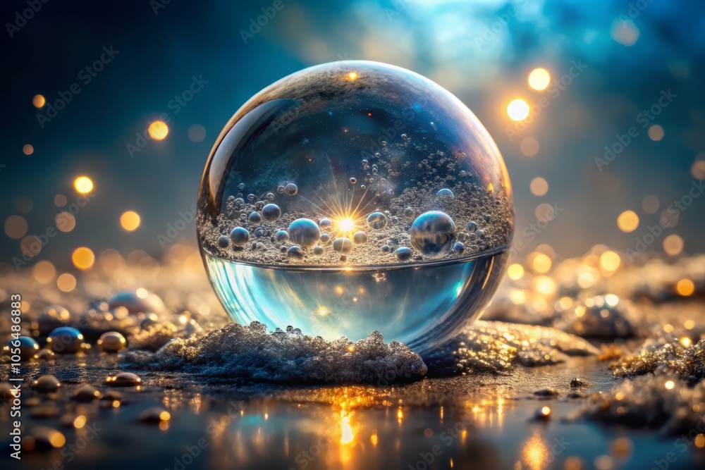 A sphere of water with soft air bubbles, beautifully illuminated by spotlight; showcasing an exceptional architectural design in a stunning photography composition. A sphere of water with soft air bubbles, beautifully illuminated by spotlight; showcasing an exceptional architectural design in a stunning photography composition.